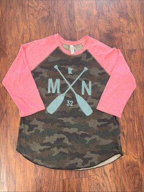 Camo Raglan Three Quartet-Sleeve Tee with Pink Sleeves MN logo